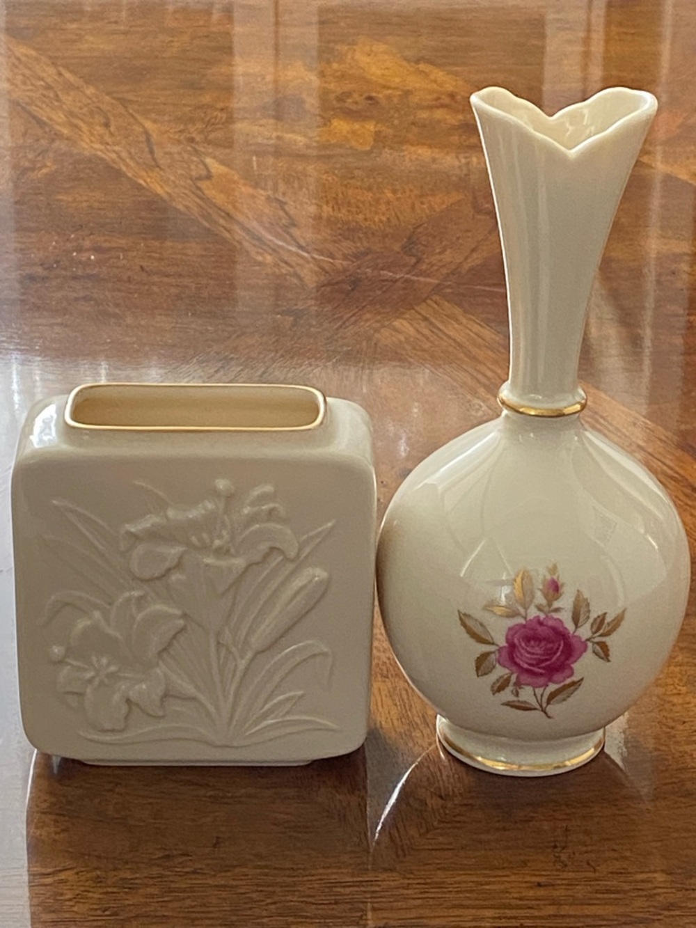 Two Lenox bud vases ivory with Pink Rose